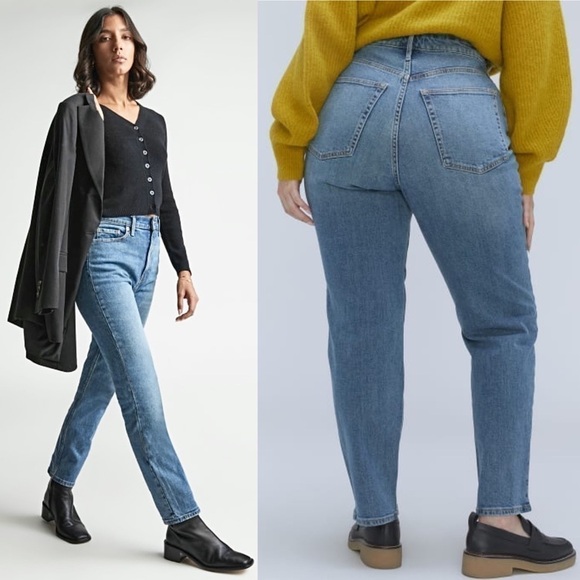 NEW EVERLANE 90s High Waist Straight Leg Distressed Stretch Denim Cheeky Jean 33 - Picture 2 of 15